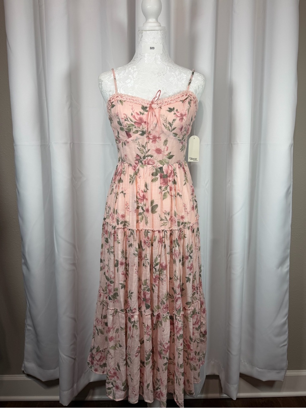 Trixxi Pink Floral Maxi Dress S Tiered Crochet Trim Coquette Cottagecore